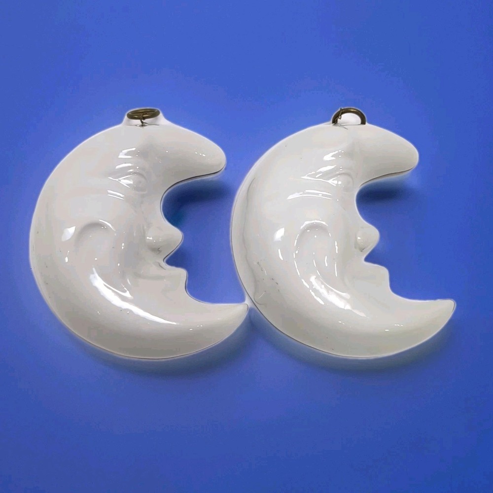 VTG Pair Celestial Ceramic Crescent Moon Faces ABC BASSANO Italy‎ Wall Hanging
